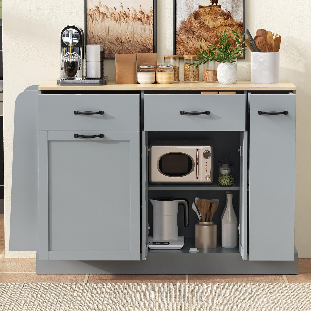 SIDEBOARD mit Abfallfach, Gewürzregal und Schubladen, Grau - Grau, Holzwerkstoff (133.5/86/40cm)