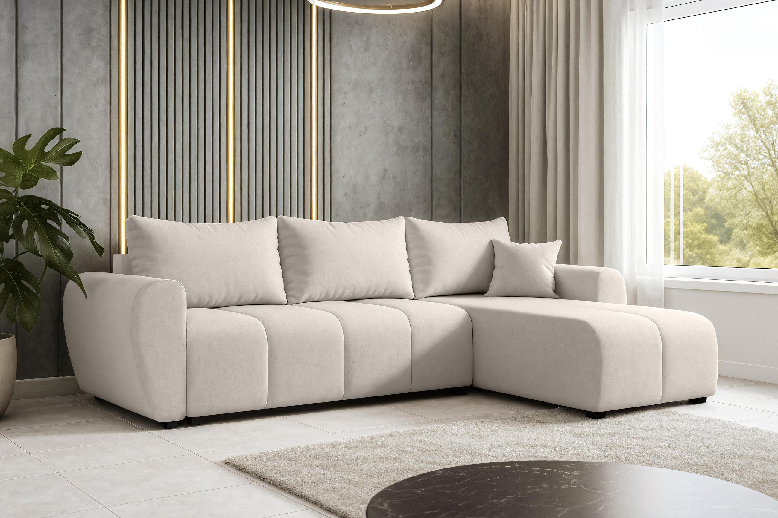 Thumbnail - AX Living Ecksofa, Beige, Textil, Teilmassiv,Kiefer, Uni, 5-Sitzer, Füllung: Polyurethan (Pur), Ottomane rechts,L-Form, ...