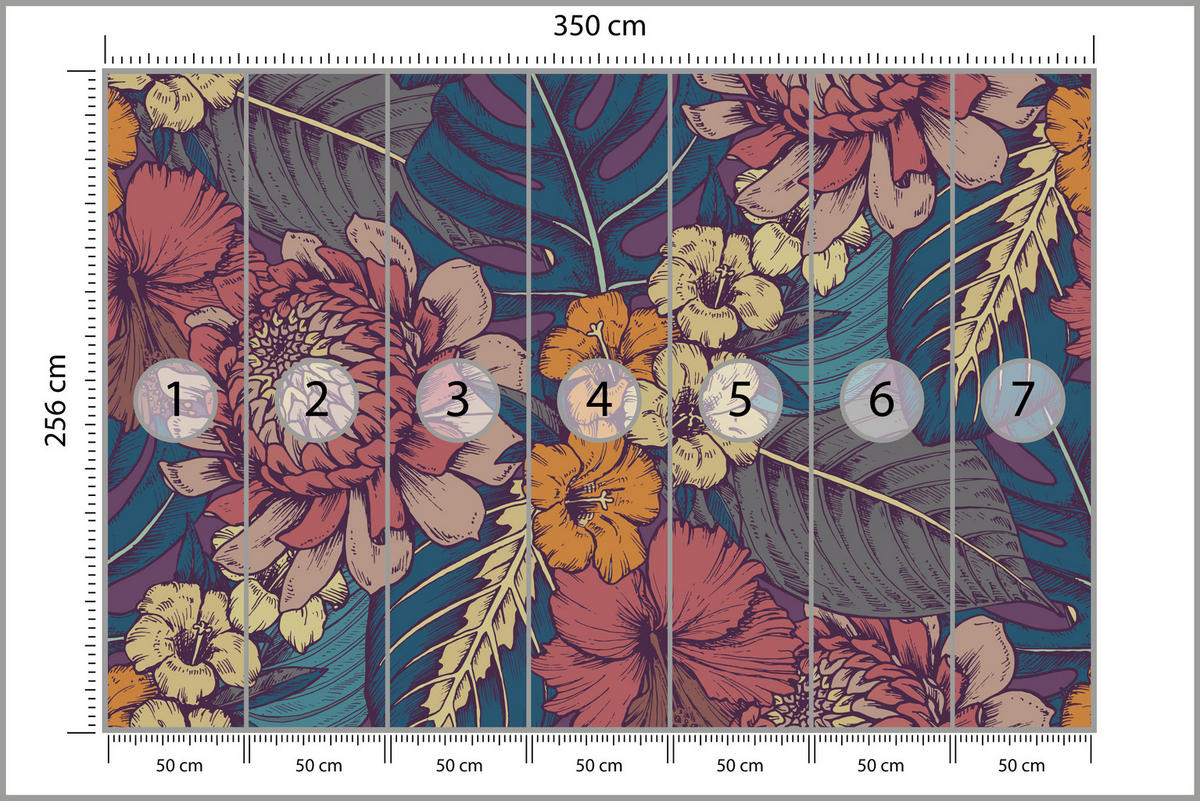 FOTOTAPETE für Schlafzimmer Retro Bunte Blätter Blumen Pflanzen 350x256 - Türkis/Blau, Papier (350/256cm) - Muralo