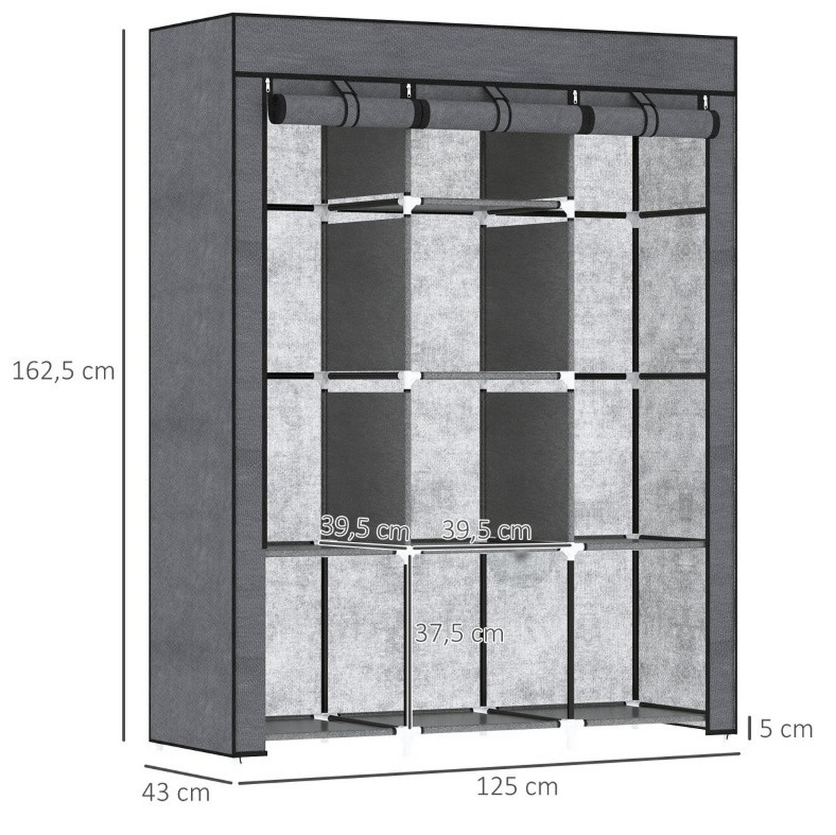 KLEIDERSCHRANK 125/43/162,5 cm dunkelgrau aus Stoff mit 2 Kleiderstangen und 8 Fächern - Dunkelgrau, Textil (43/162.5/125cm) - OKWISH