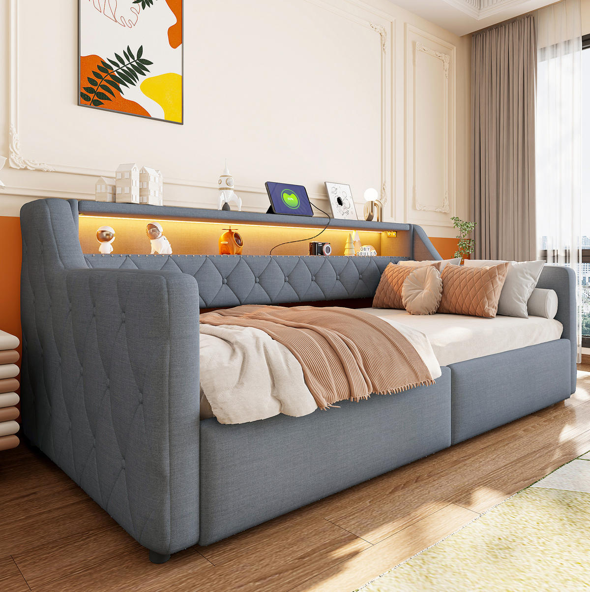 BETT 90/200 cm in Grau mit LED-Beleuchtung und Stauraum - Grau, Holzwerkstoff (90/200cm) - Flora Grace