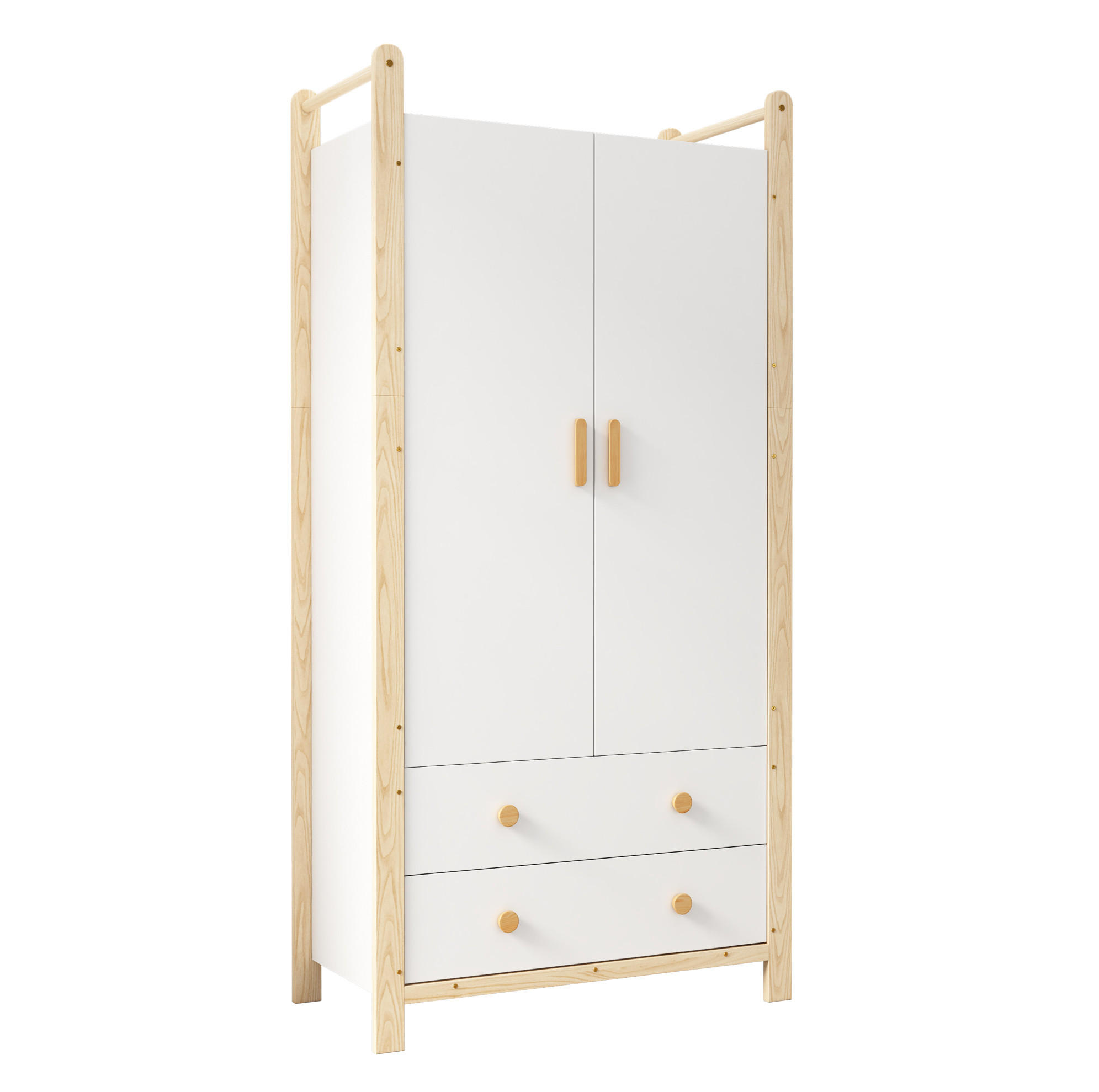 ŠATNÍ skříň 89,6/44/180,5 cm se šatní tyčí a 2 zásuvkami, z masivu a MDF, Přírodní/Bílá - bílá, kompozitní dřevo (89.6/180.5/44cm) - Redom