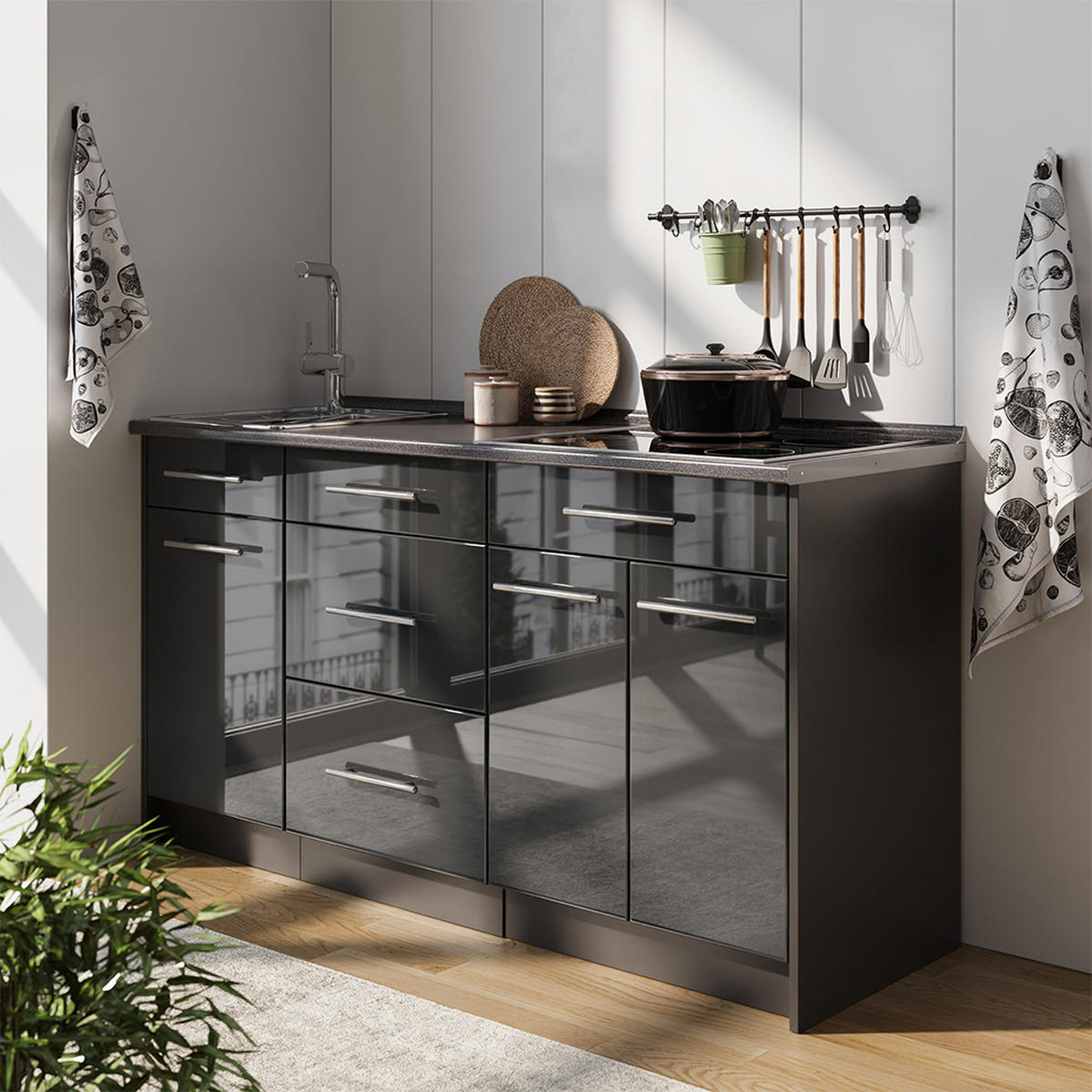 KUCHYNSKÝ BLOK Fame-Line, Antracit vysoký lesk/antracitová, 150 cm, AP Antracit - antracitová/čierna s vysokým leskom, kompozitné drevo (150/82/60cm) - Vicco