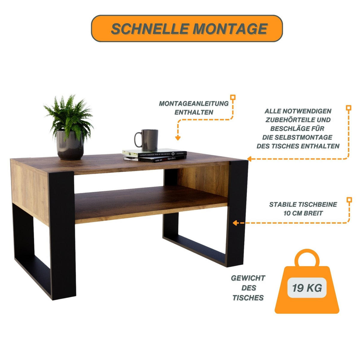 COUCHTISCH Holzwerkstoff rechteckig stabil Nussbaumfarben 45/53,6/92cm - Nussbaumfarben/Schwarz, Holzwerkstoff (53.6/92/45cm) - CraftPAK