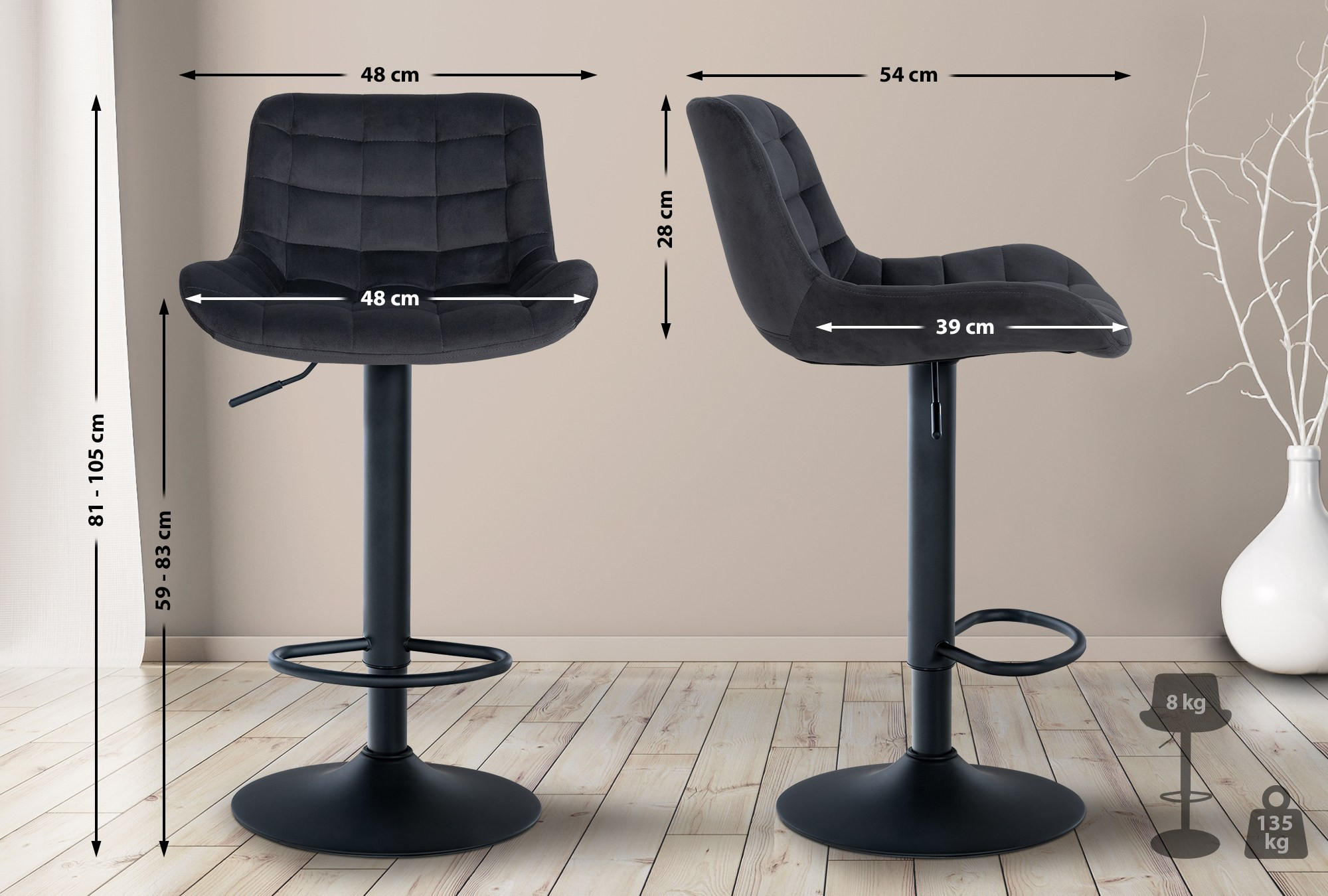 BARHOCKER Samt schwarz - Schwarz, Textil/Metall (48/81/54cm) - CLP