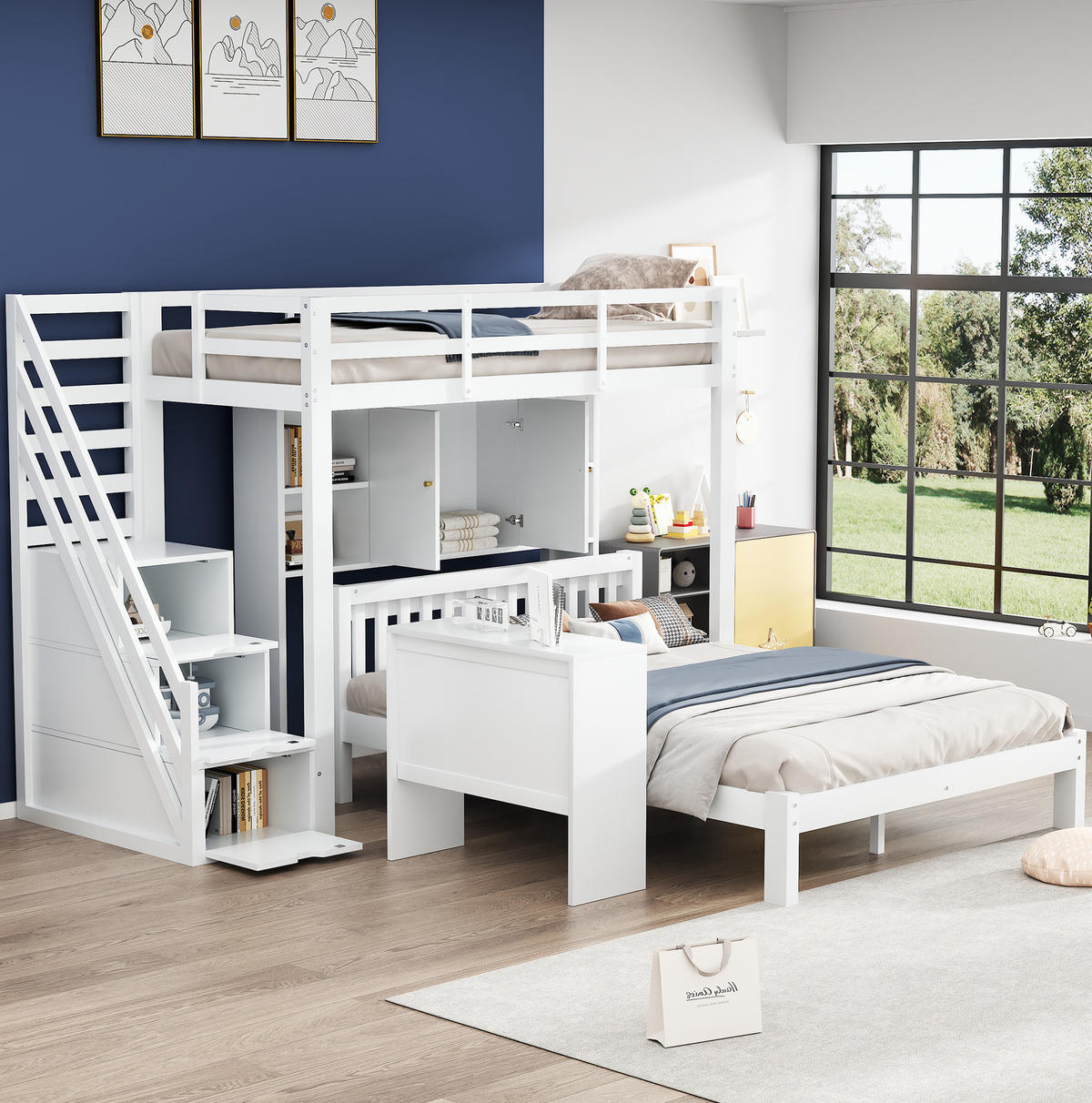 ETAGENBETT 90/200 + 140/200 cm aus Massivholz und MDF mit Aufbewahrungstreppe und Regal Weiß - Weiß, Holz (90/200cm) - Modenvie