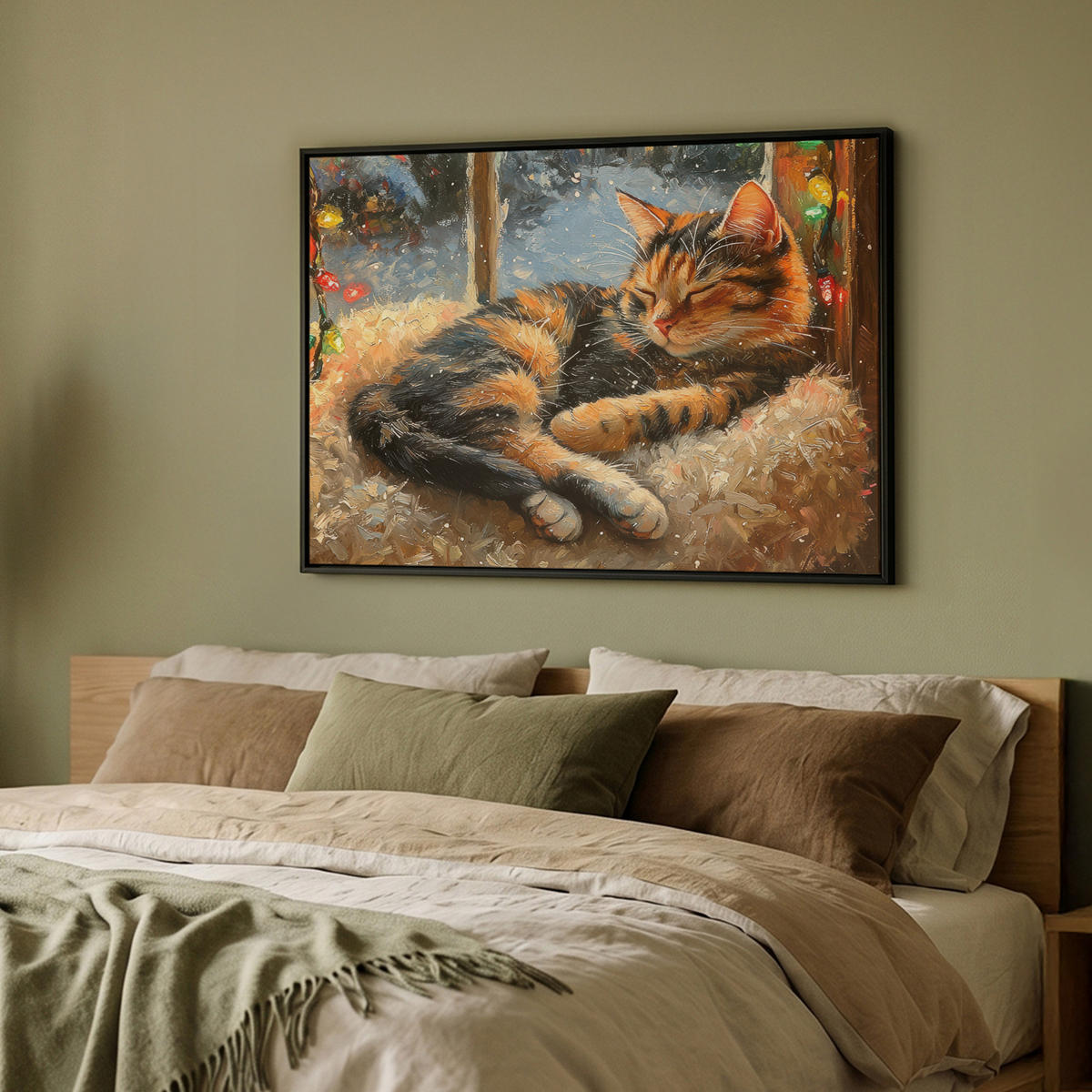 LEINWAND Bilder mit Rahmen - Katze - Weihnachten - Winter - Tier - 100x70 - Bernsteinfarben, Textil (100/70cm) - MuchoWow