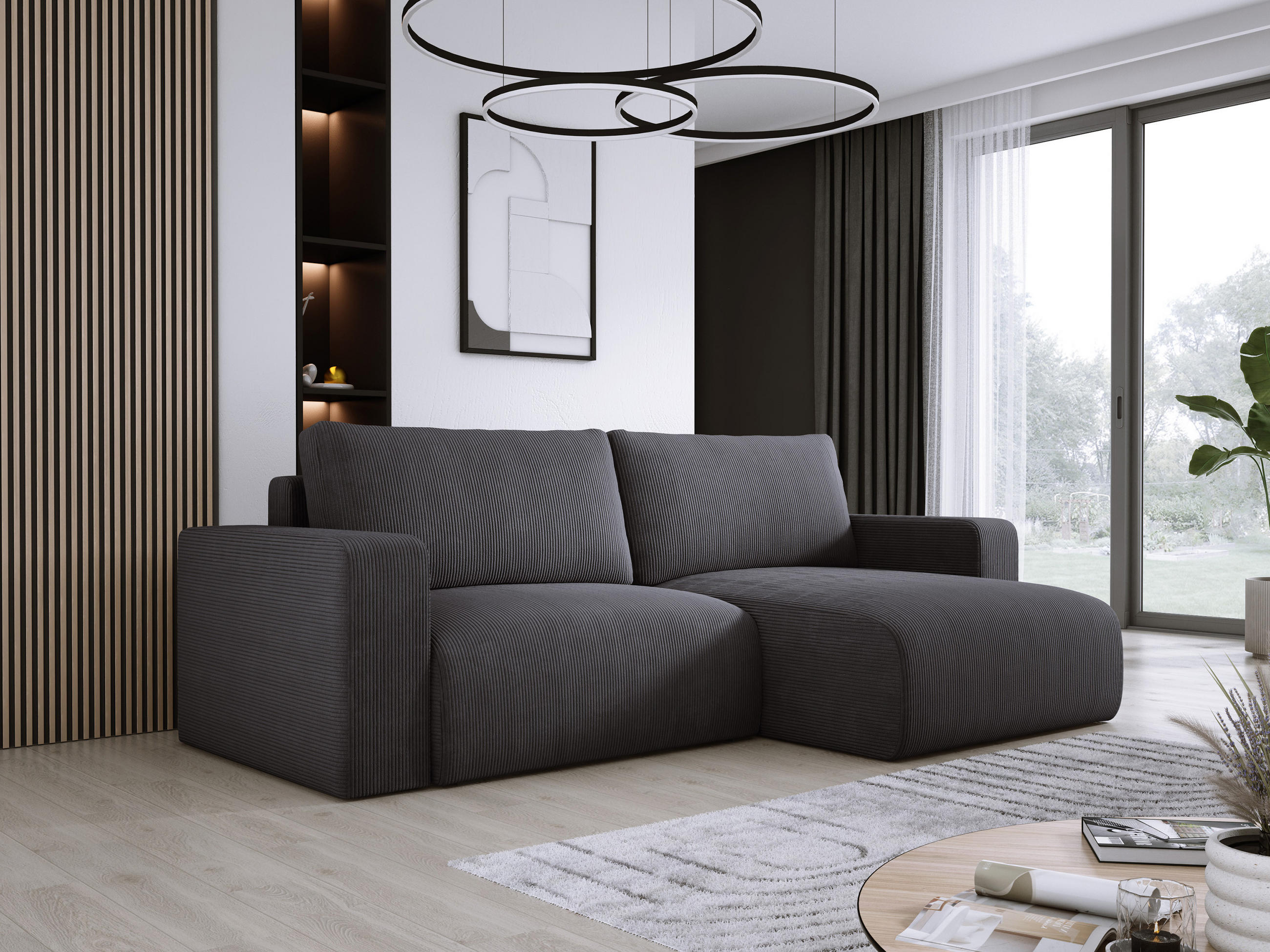 ECKSOFA Carl L-förmig Schlaffunktion und Bettkasten weicher Cordstoff flexibel stellbar lose Rückenkissen freistehend RECHTS 247x143x83cm Graphite - Graphitfarben, Holz/Textil (247/143cm) - DomoHome