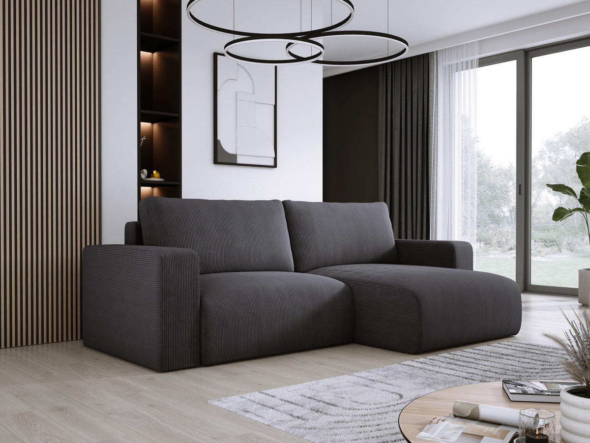 ECKSOFA Carl L-förmig Schlaffunktion und Bettkasten weicher Cordstoff flexibel stellbar lose Rückenkissen freistehend RECHTS 247x143x83cm Graphite - Graphitfarben, Holz/Textil (247/143cm) - DomoHome