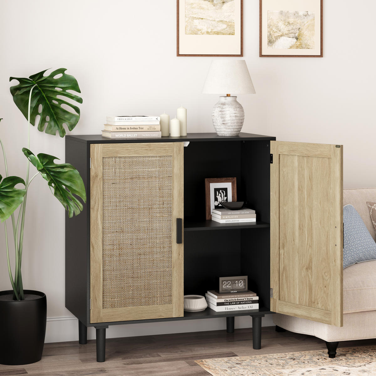 SIDEBOARD in Schwarz mit zwei Rattan-Türen für Wohnzimmer, Esszimmer und Diele, B80/T40/H88 cm - Schwarz/Naturfarben, Holzwerkstoff (80/88/40cm) - STILVORA