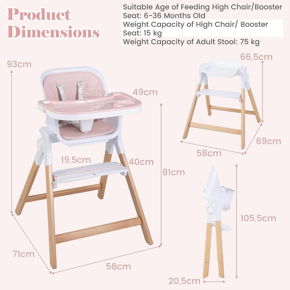 KINDERHOCHSTUHL mit Tablett rosa - Pink, Holz (71/93/58cm) - COSTWAY