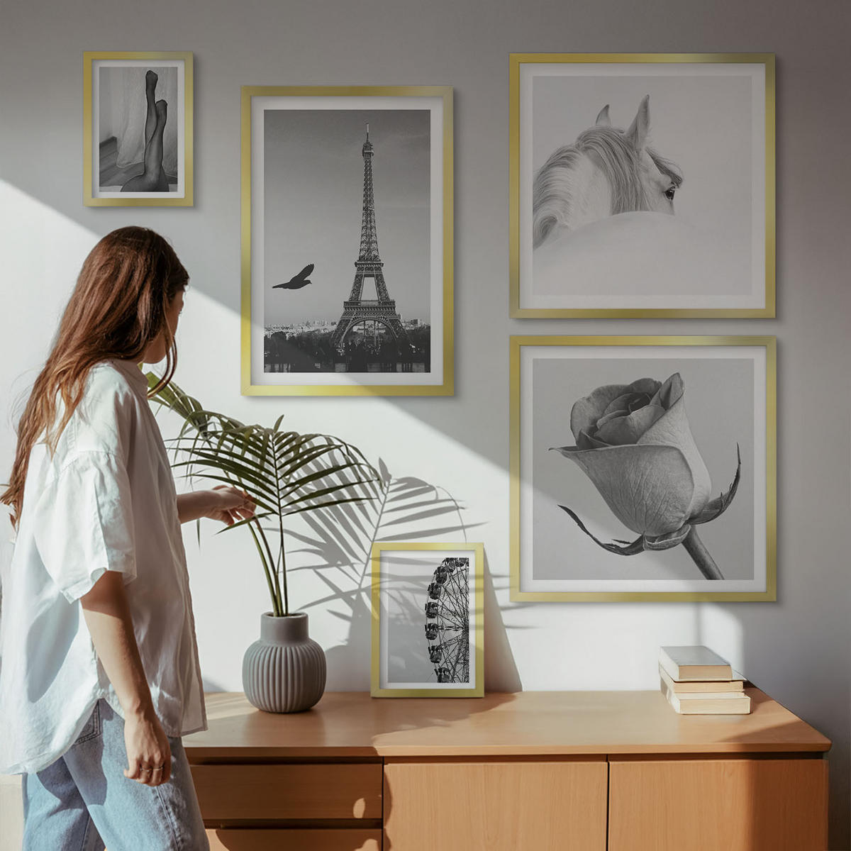 WANDBILDER 5er Set - 50x50 cm & 20x30 cm & 40x60 cm Goldrahmen - Abstrakte warme Muster - Goldfarben, Kunststoff (40/60cm) - ArtPrintCave