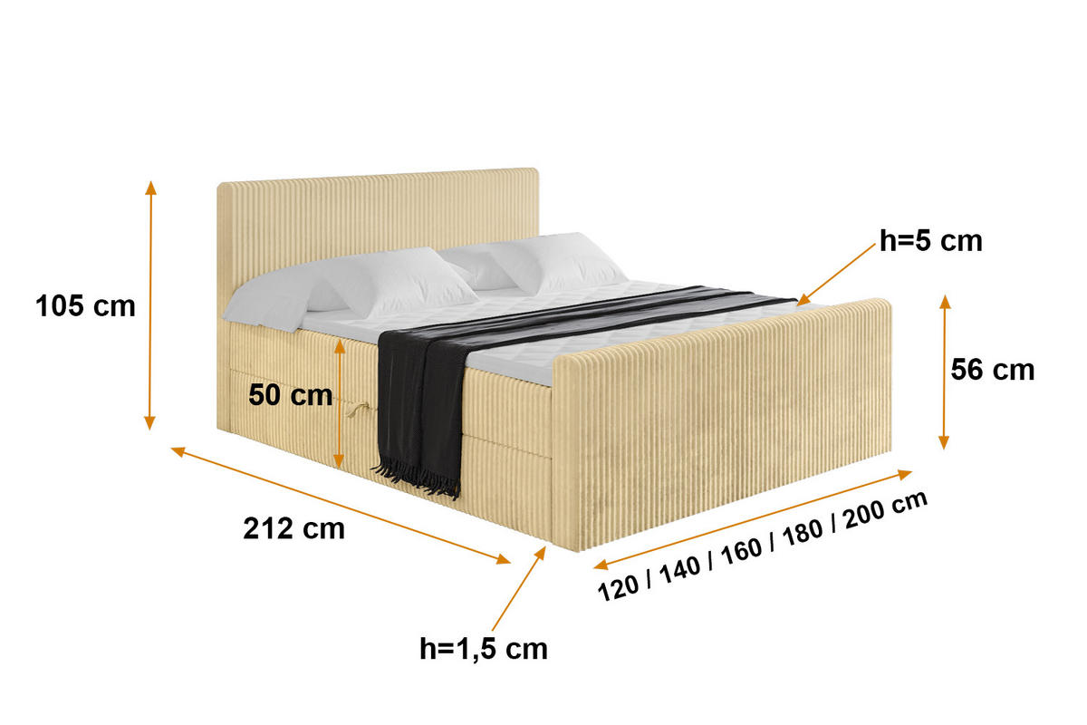 BOXBETT mit Matratze H4 und Lattenrost - TOLO-Z - 200x200 Cord - Ecru - Ecru, Holzwerkstoff (200/200cm) - ALTDECOR