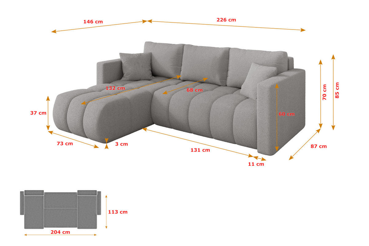 ROHOVÁ SEDAČKA s funkcí spaní, otoman vlevo GARD-L 226x146x85 světle šedá bouclé - černá/stříbrná, kompozitní dřevo/textil (226/146cm) - ALTDECOR
