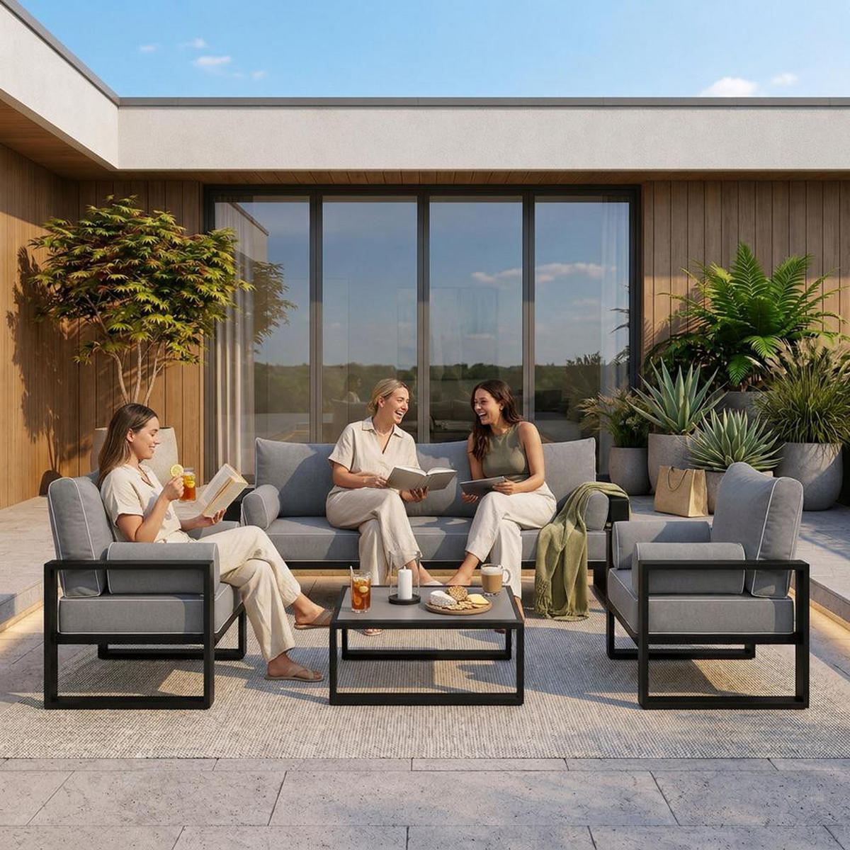 GARTENSET Verdino 3+1+1 mit Metallrahmen anthrazit - Anthrazit, Metall - Beautysofa