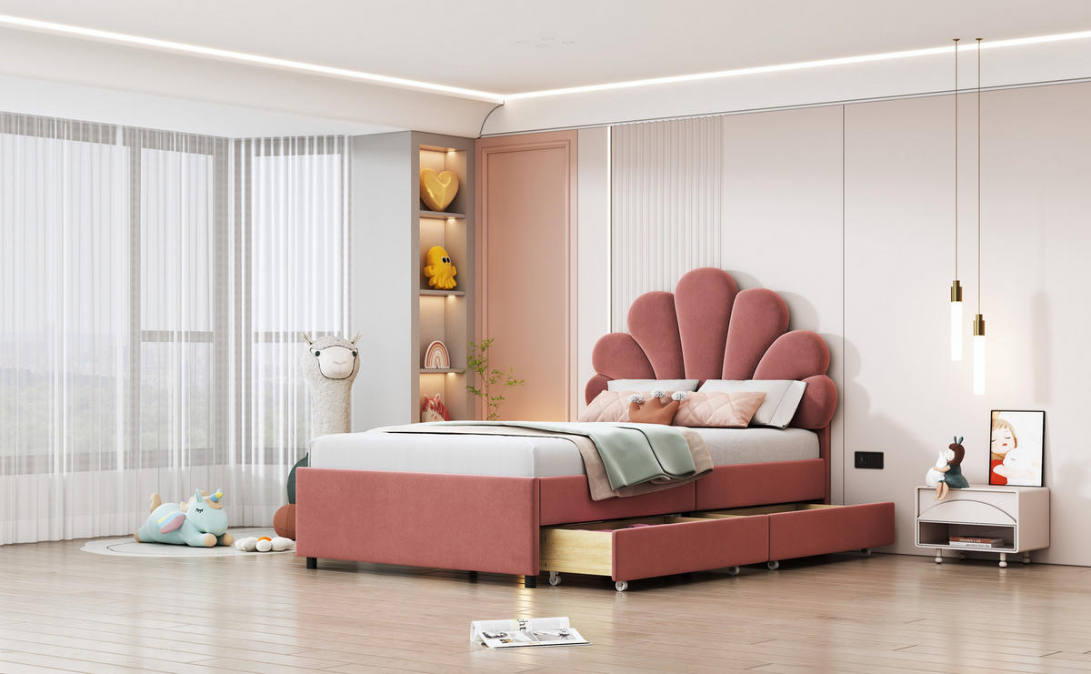 KINDERBETT 90x200 cm Samt rosa - Rosa, Textil (90/200cm) - LEBENLANG