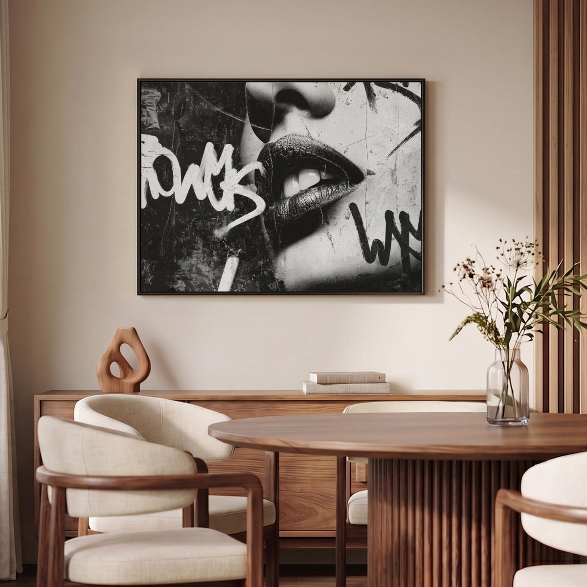 LEINWAND Bilder mit Rahmen - Gesicht - Mund - Graffiti - Schwarz - 100x70 - Schwarz, Textil (100/70cm) - MuchoWow