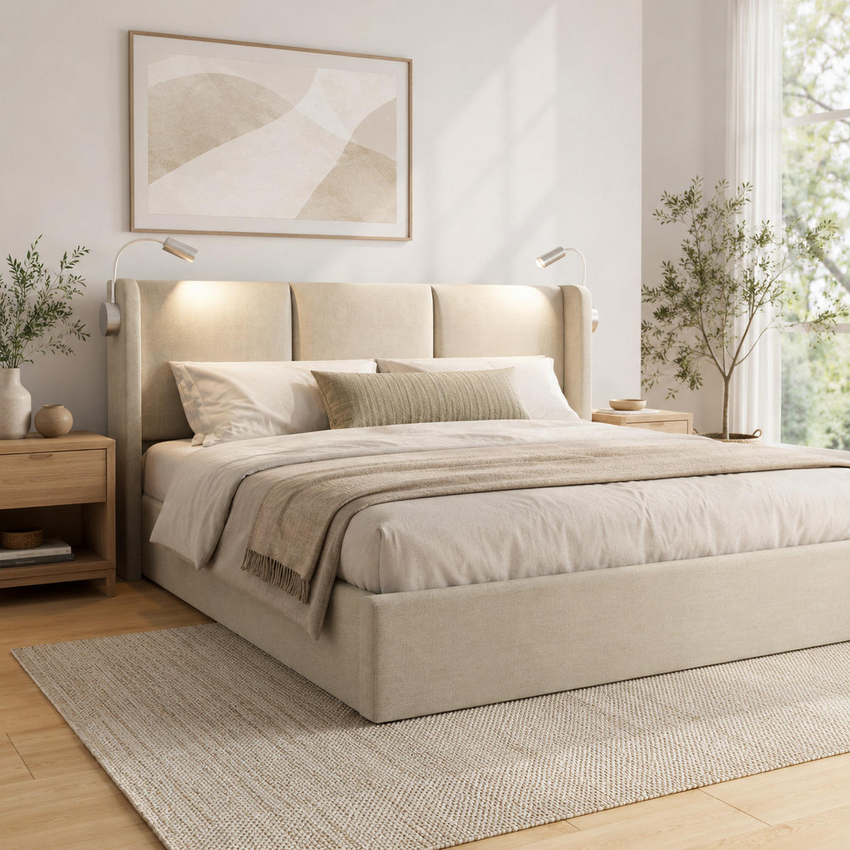 POLSTERBETT 160/200 cm Beige mit Bettkasten, Stauraumbett mit Hydraulik, Leselampen, Lattenrost und gepolstertem Kopfteil - Beige, Holz/Metall (160/200cm) - Joyfair