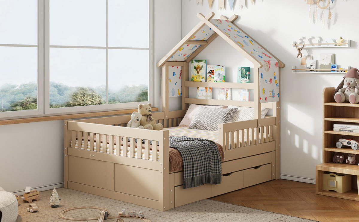 PLATTFORMBETT 140x200 cm in Hausform mit Ausziehbett und drei Schubladen, Schutzgittern, natur - Naturfarben, Holzwerkstoff (140/200cm) - Luhomfu