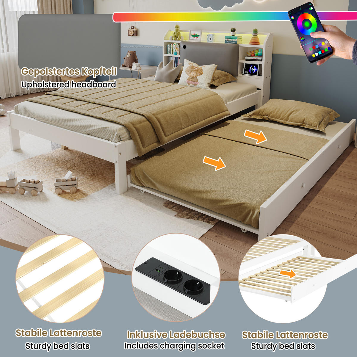 BETT 120/200 cm in Weiß mit Ausziehbett, gepolstertem Kopfteil, Kopfteilregal, LED und Ladestation aus Holz - Weiß/Grau, Holzwerkstoff (120/200cm) - STILVORA