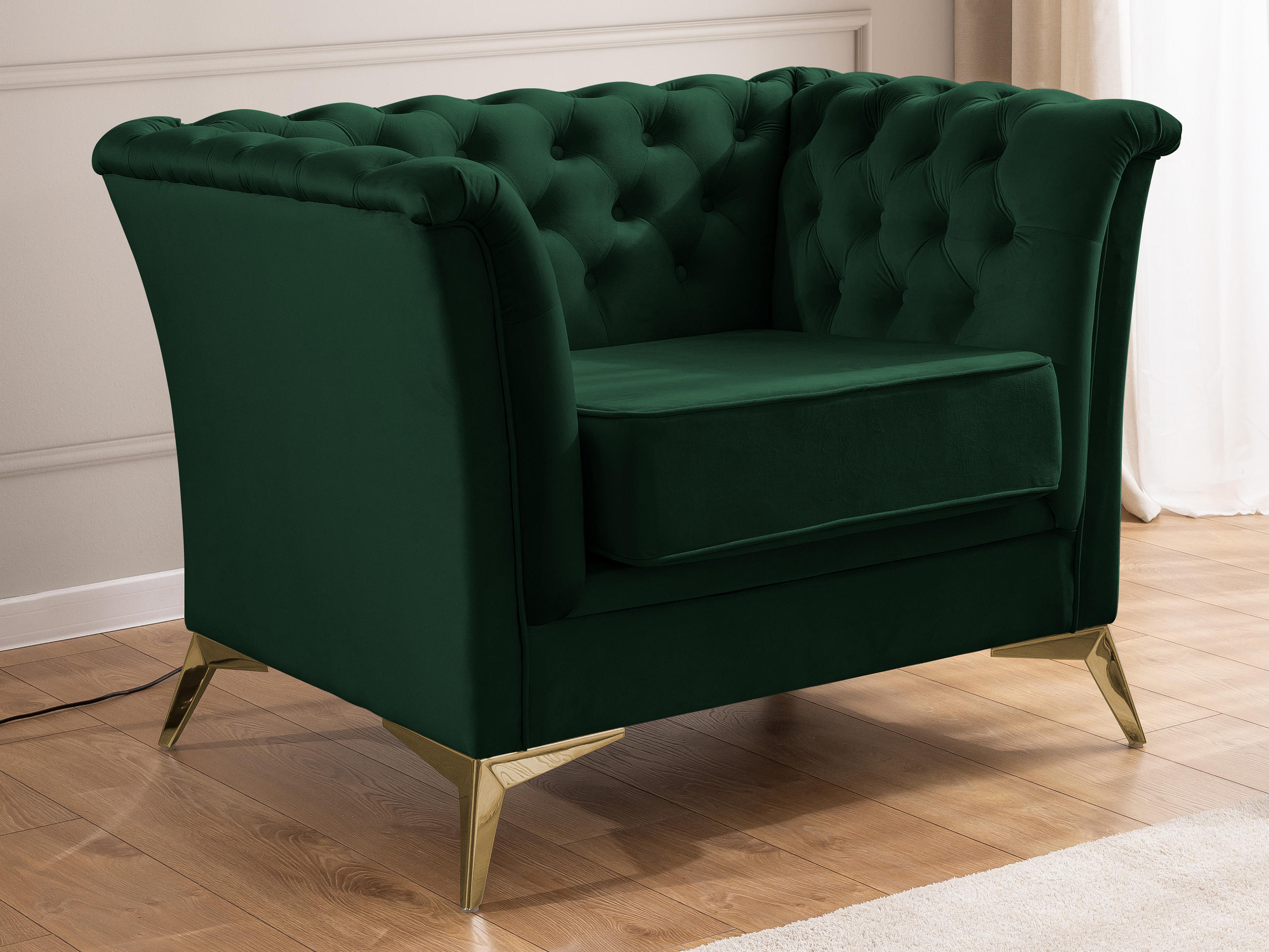 CHESTERFIELD-SESSEL Whitby Flaschengrün Samt mit goldenen Füßen - Dunkelgrün/Goldfarben, Holz/Textil (116/78/82cm) - S-Style Möbel