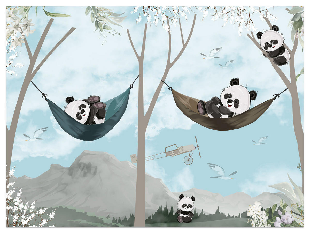 FOTOTAPETA Pre Detskú Izbu Pandy V Hojdacích Sieťach Rozprávkový Les Kvety Hory 450 x 315 cm - čierna/sivá, papier (450/315cm) - Muralo