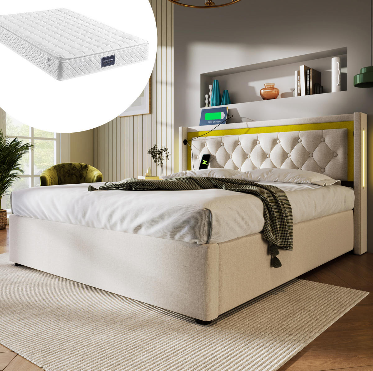 POLSTERBETT mit Bettkasten und Matratze 140x200 cm Beige - Beige, Metall (140/200cm) - Beauniv