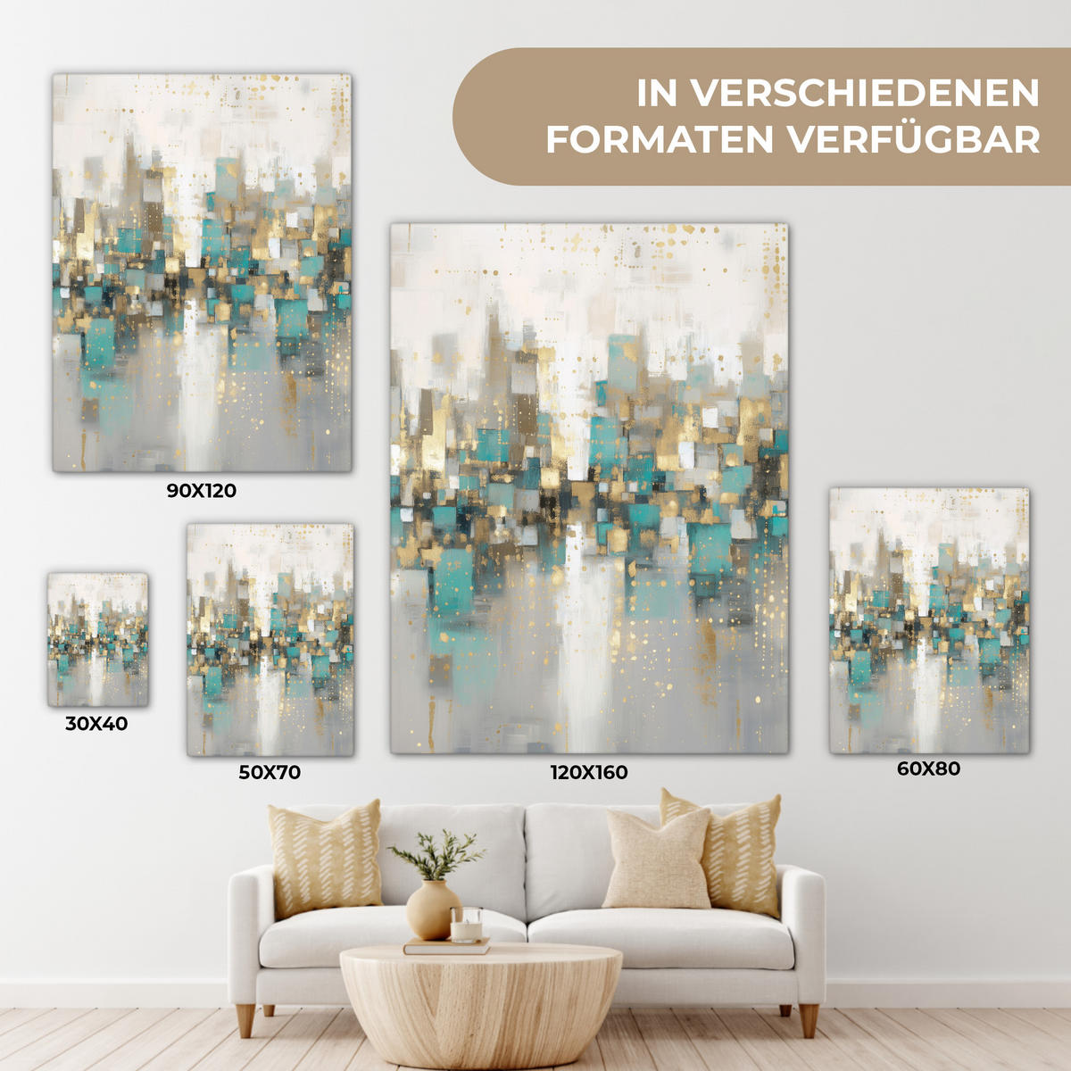 LEINWANDBILD Abstrakt - Blöcke - Gold - Skyline Wandbild Wohnzimmer 60x80 cm - Beige, Textil (60/80cm) - MuchoWow