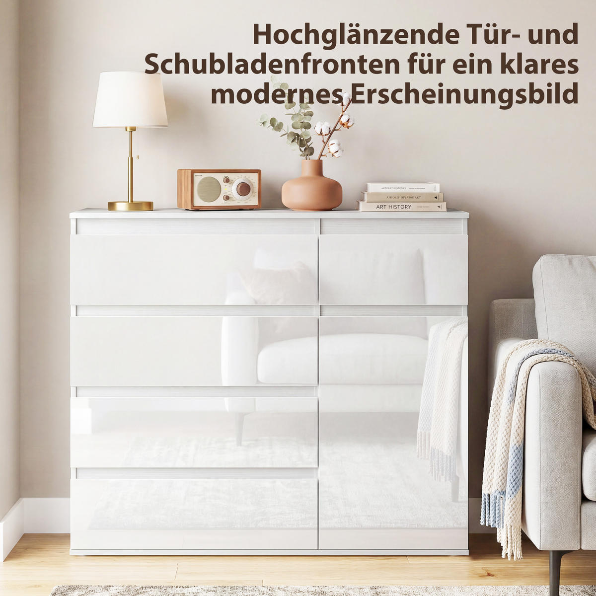 SIDEBOARD Weiß Hochglanz mit 5 Schubladen - Weiß Hochglanz, Holzwerkstoff (100/80/40cm) - PANGIVO