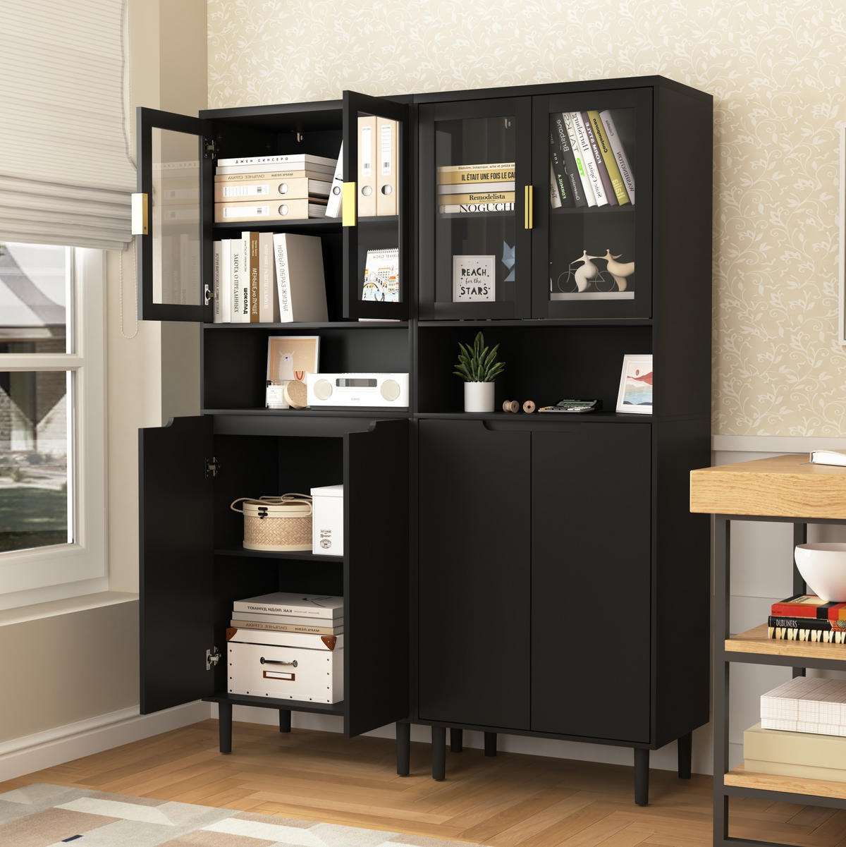 HOCHSCHRANK mit Glastüren, verstellbarem Einlegeboden und Kippschutz, vielseitiger Stauraum, Schwarz - Schwarz, Holzwerkstoff (60/160/35cm) - Redom