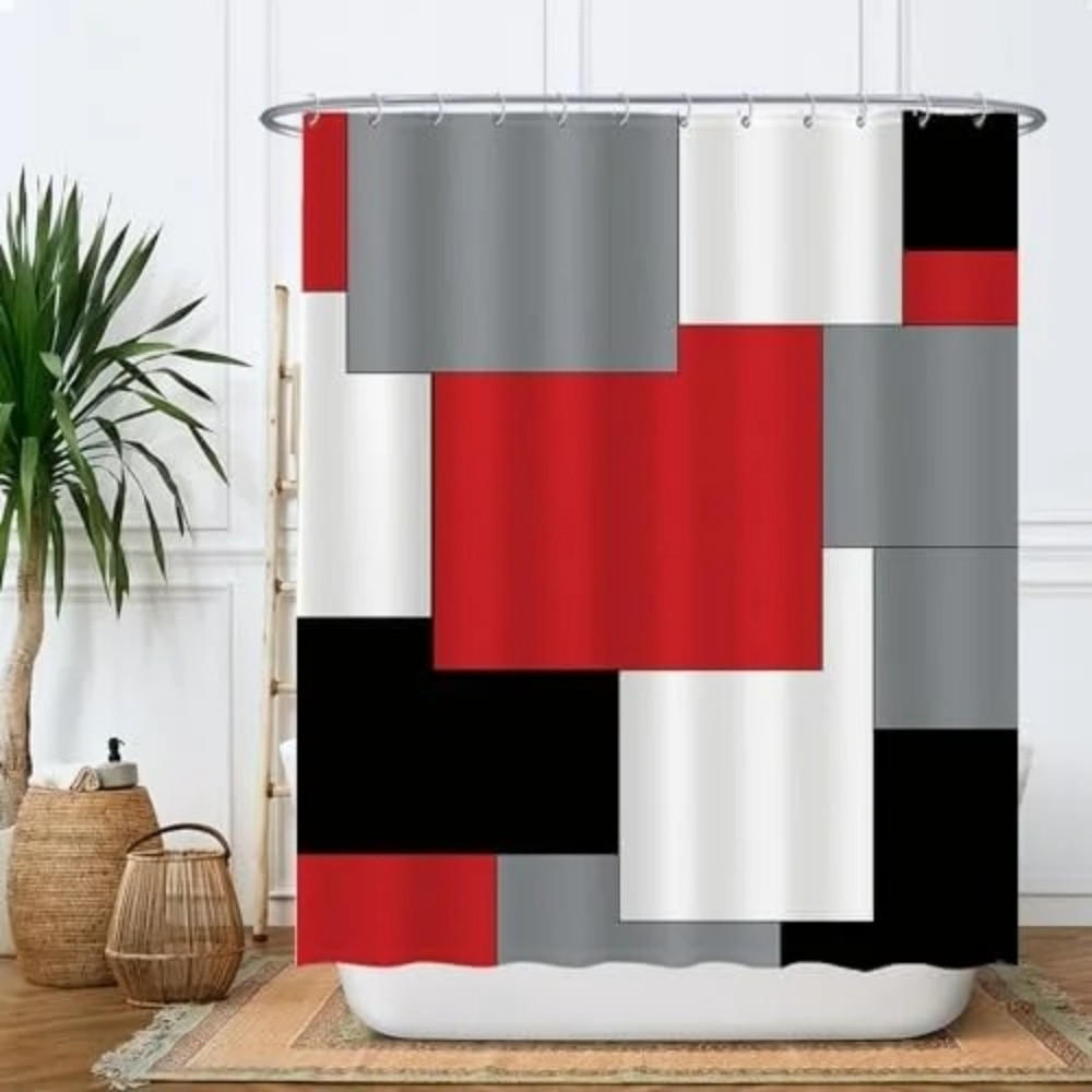 DUSCHVORHANG Rot Grau Schwarz Weiß mit Ringen - Multicolor, Textil (180/180cm) - MCBOSON