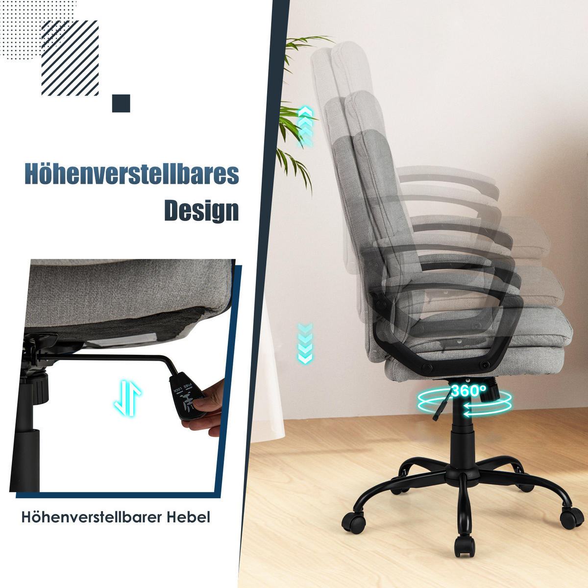 BÜROSTUHL höhenverstellbar mit Armlehnen und Rollen grau - Grau, Metall (50/104/45cm) - COSTWAY