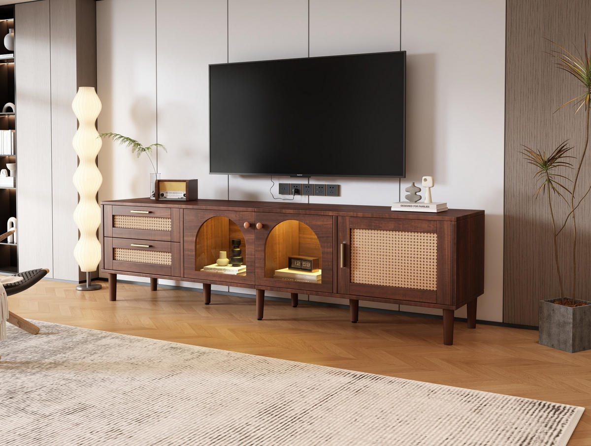 TV-SCHRANK in Braun mit LED, Rattan-Schubladen und Glastüren 180/40/50 cm - Braun, Holzwerkstoff (180/50/40cm) - Redom