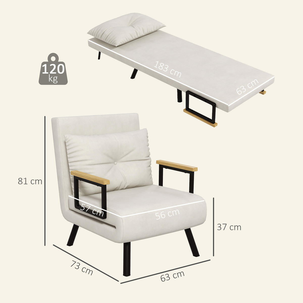 SCHLAFSESSEL DE-08258 mit Knopfheftung Cremeweiß - Creme, Metall (63/81/73cm) - ComfortXL