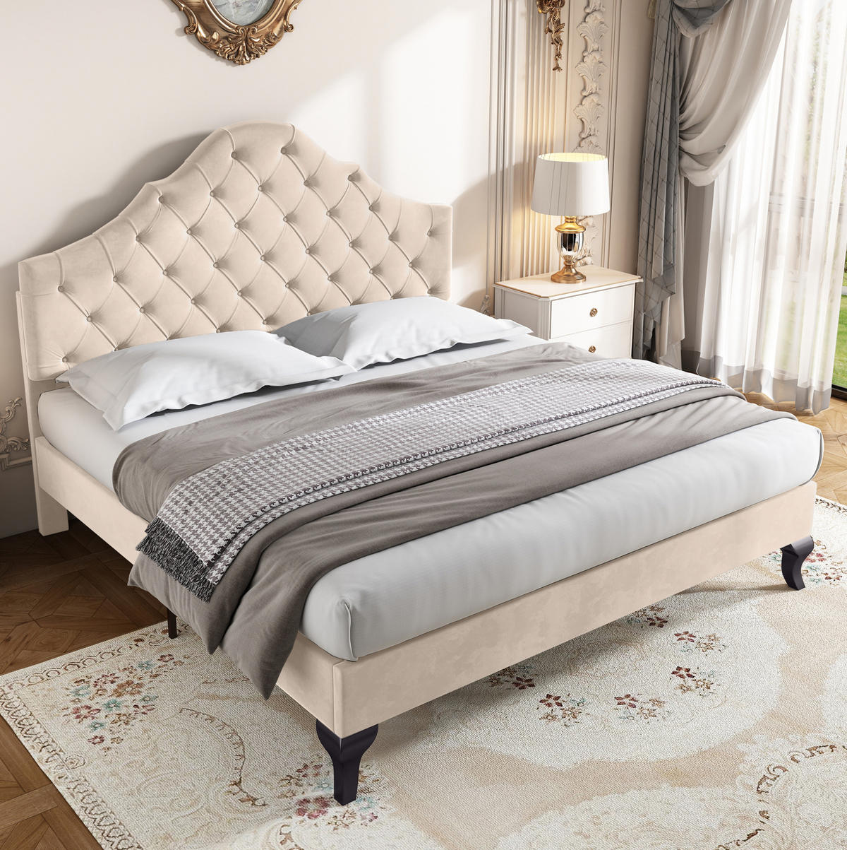 ČALÚNENÁ posteľ z velúru, 140/190 cm, krémovo biela s nastaviteľným čelom - béžová, textil (140/190cm) - BEAOK