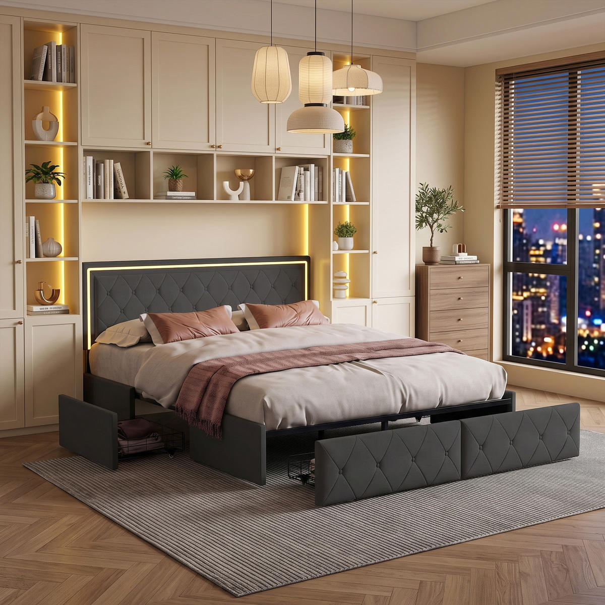 POLSTERBETT 140x200, höhenverstellbares Kopfteil, LED-Beleuchtung, 4 Stauraumschubladen, bett 140x200 mit Lattenrost, grau - Grau, Leder/Holz (140/200cm) - GENKI LIVING