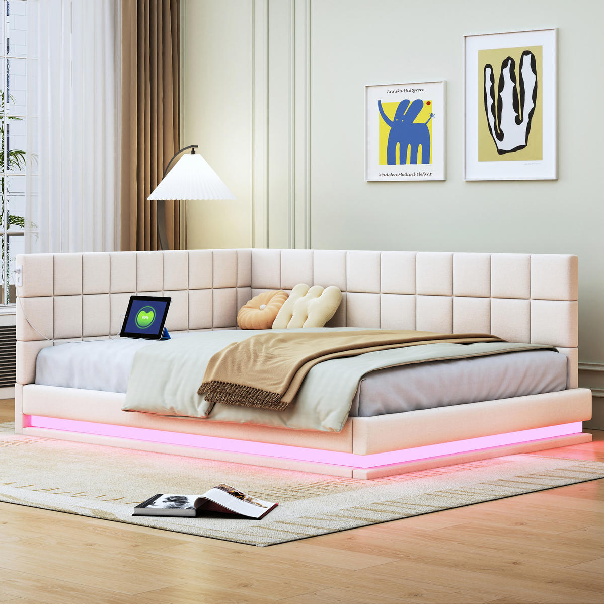 POLSTERBETT 140x200 cm Beige Multifunktion LED USB Lattenrost - Beige, Naturmaterialien - FLIEKS