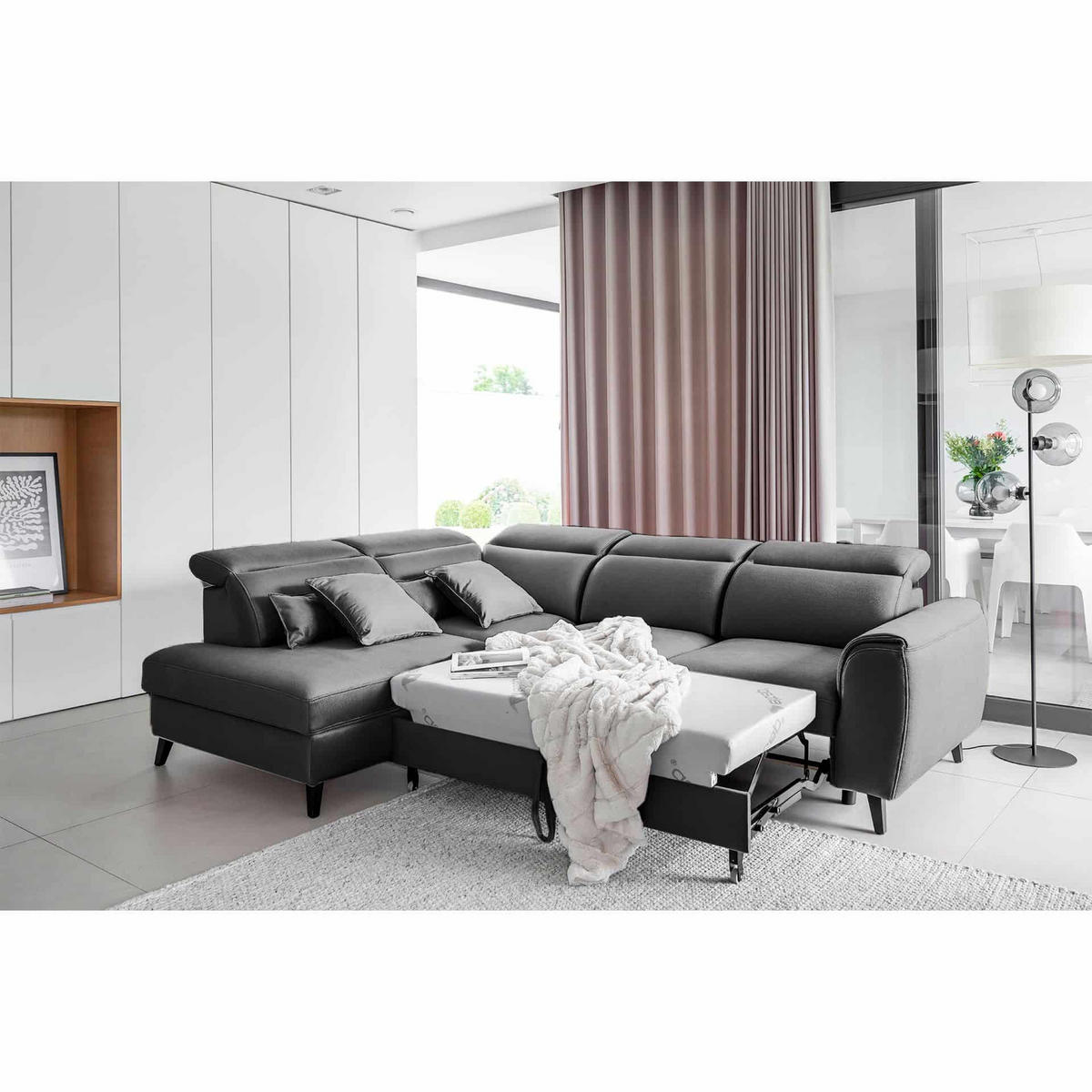 ECKSOFA mit Schlaffunktion & Bettkasten - Dunkelgrau/Schwarz, Holz/Textil (255/201cm) - Eltap