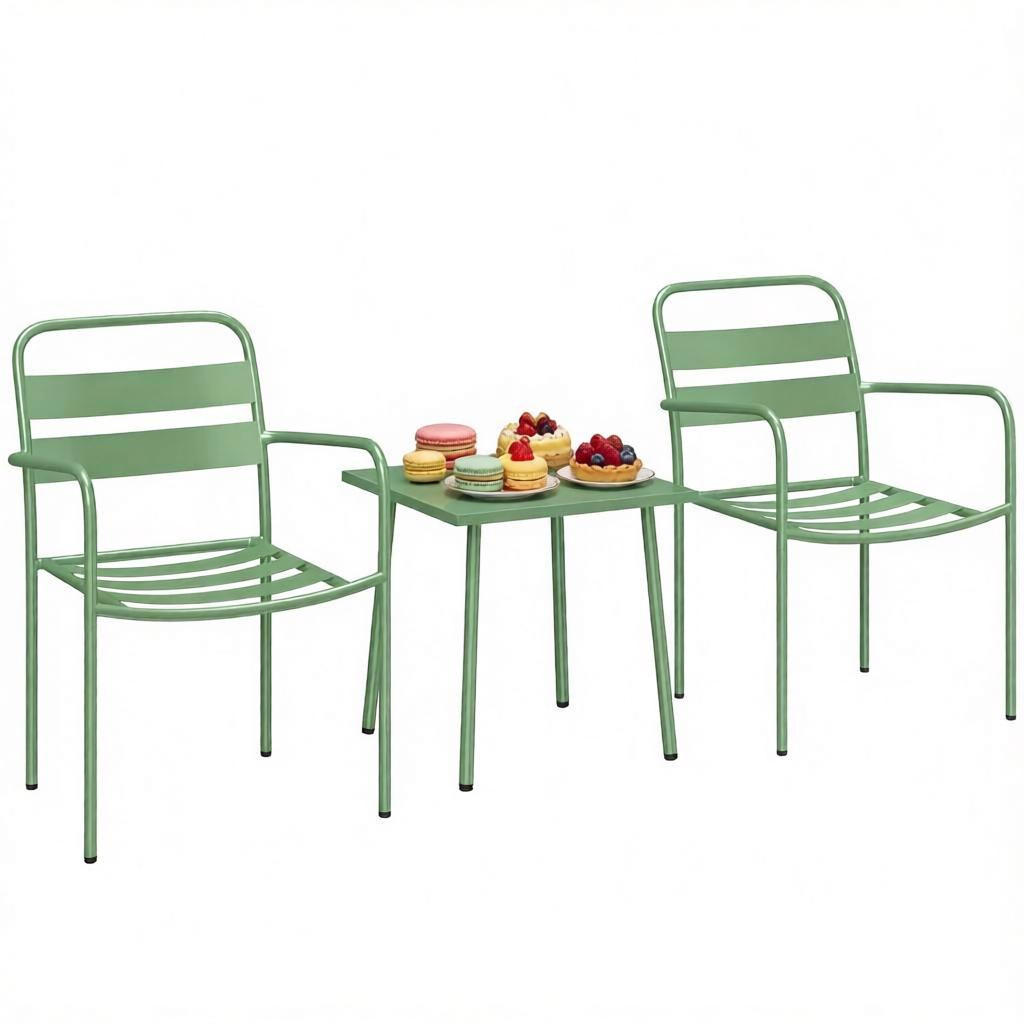 GARTENMÖBEL,2 Armlehnenstühle+quadratischer Tisch - Grün, Metall - Vallsero