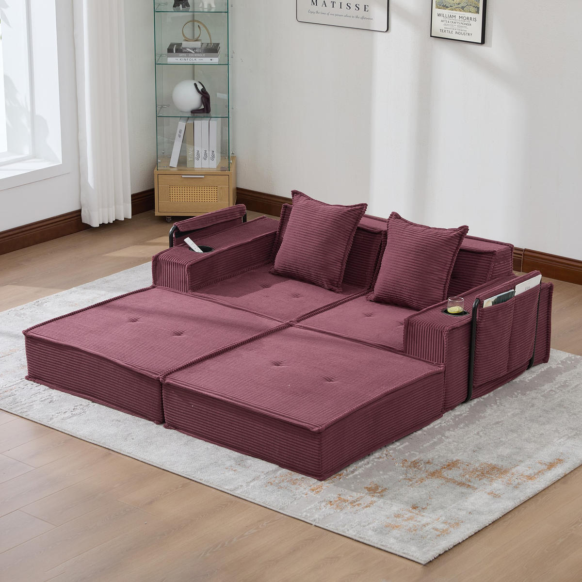 SCHLAFSOFA Zweisitzer mit Schlaffunktion,ausziehbar,Modulares Design,Cord,Weinrot - Rot, Textil (162/42/54cm) - LVHOM