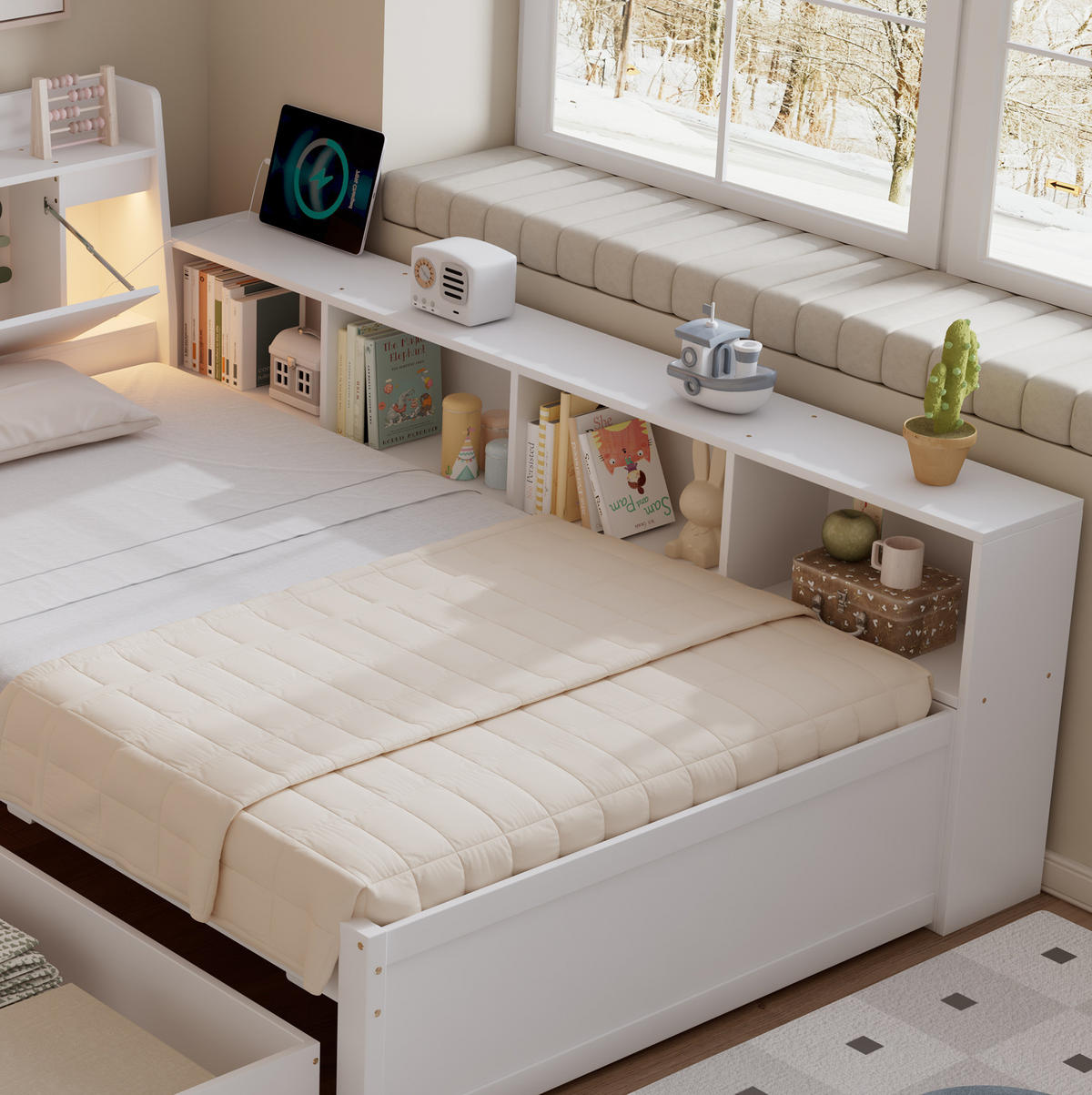 JEDNOLÔŽKOVÁ posteľ 90/200 cm biela s úložným priestorom, 2 svetlami a nabíjacou zásuvkou z masívu a MDF - biela, drevo (90/200cm) - OKWISH