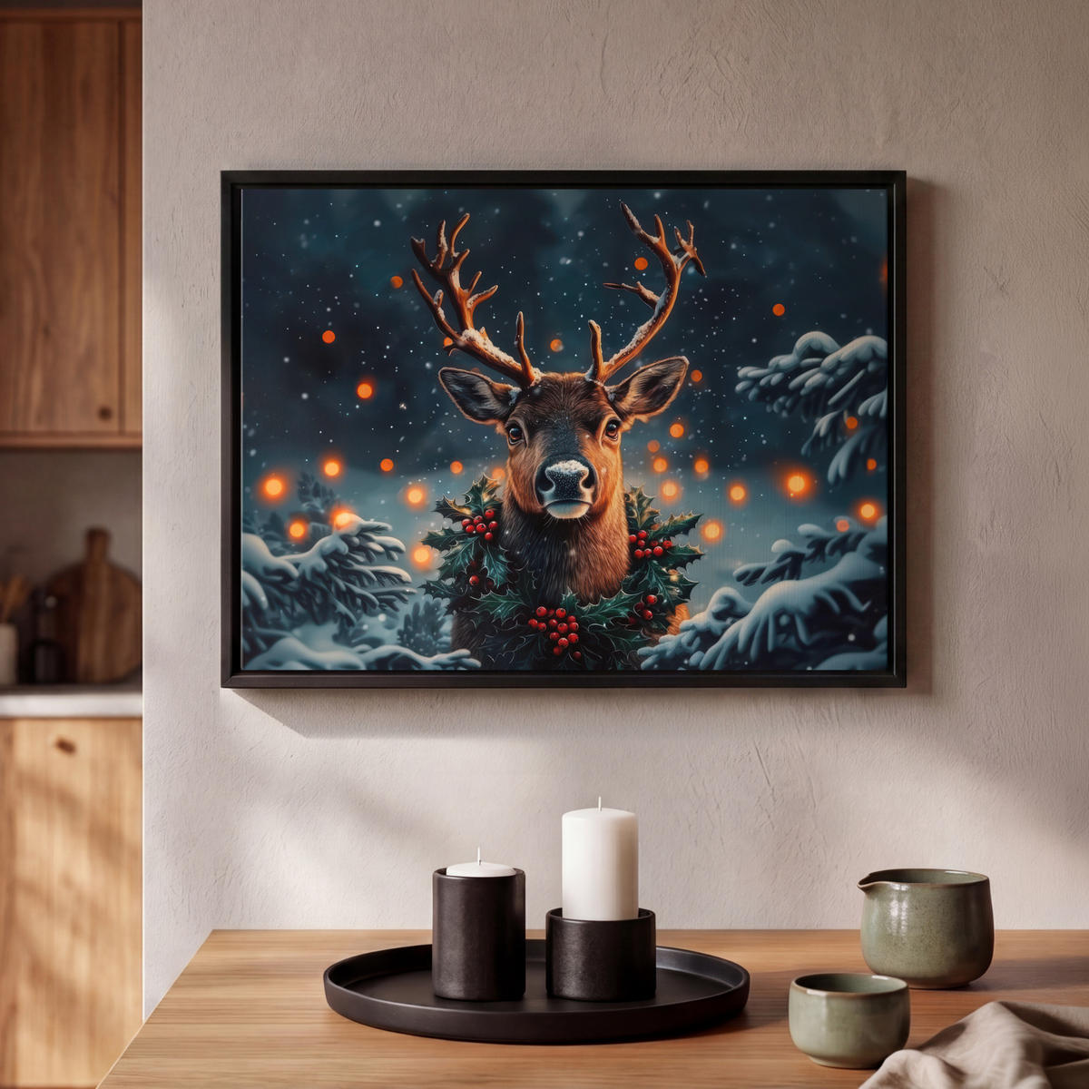 LEINWAND Bilder mit Rahmen - Hirsch - Weihnachten - Winter - Schnee - Weihnachtskranz - 40x30 - Dunkelbraun, Textil (40/30cm) - MuchoWow
