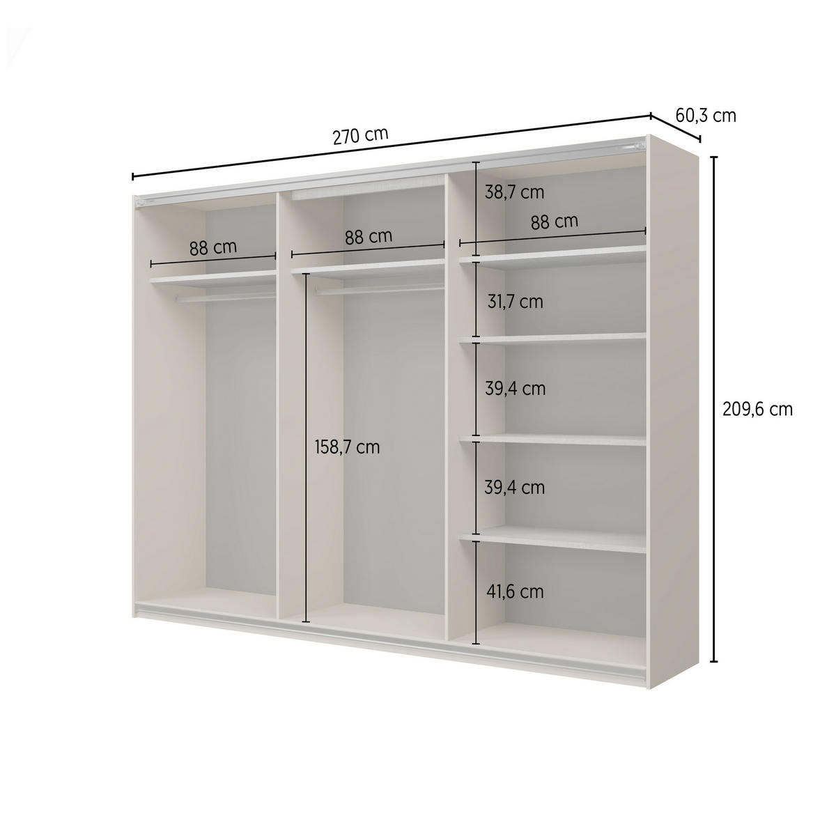 SCHWEBETÜRENSCHRANK LUBERO 270/210/60 cm 3-türig Eiche Lindberg - Eichefarben, Holzwerkstoff (270/210/60cm) - MASSENO