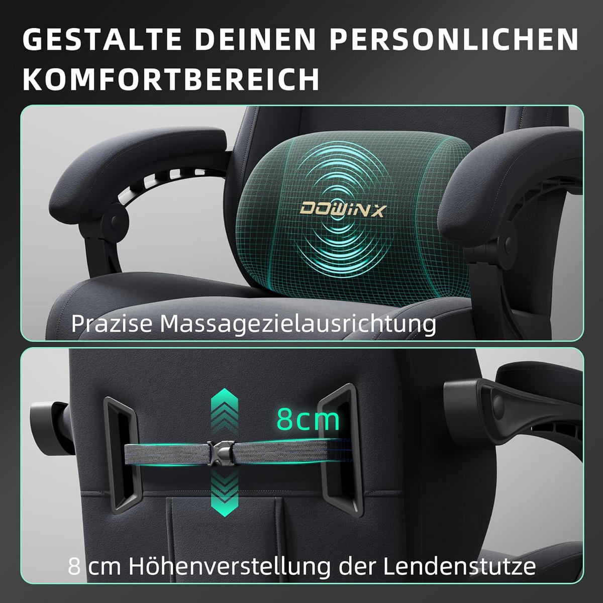 GAMING-STUHL Mikrofaser-Velours & Lendenkissen, Fußstütze 160° Neigbar - Grau, Leder (70/132/70cm)