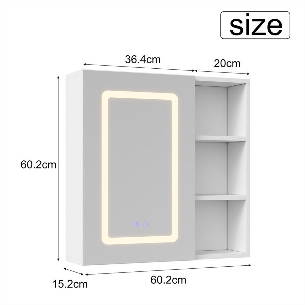 SPIEGELSCHRANK - eintürig - mit LED-Beleuchtung - Antibeschlag-Funktion und offenem Regal - Weiß - Weiß, Holzwerkstoff (15.2/60.2/60.2cm) - DELFA