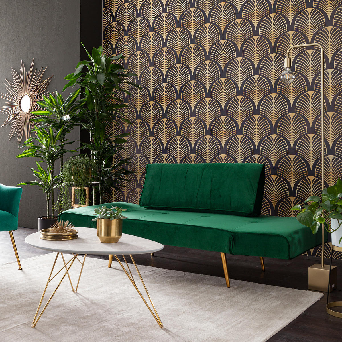 SCHLAFSOFA - Samt - Dunkelgrün/Goldfarben, Textil/Metall (152/74/74cm) - home24