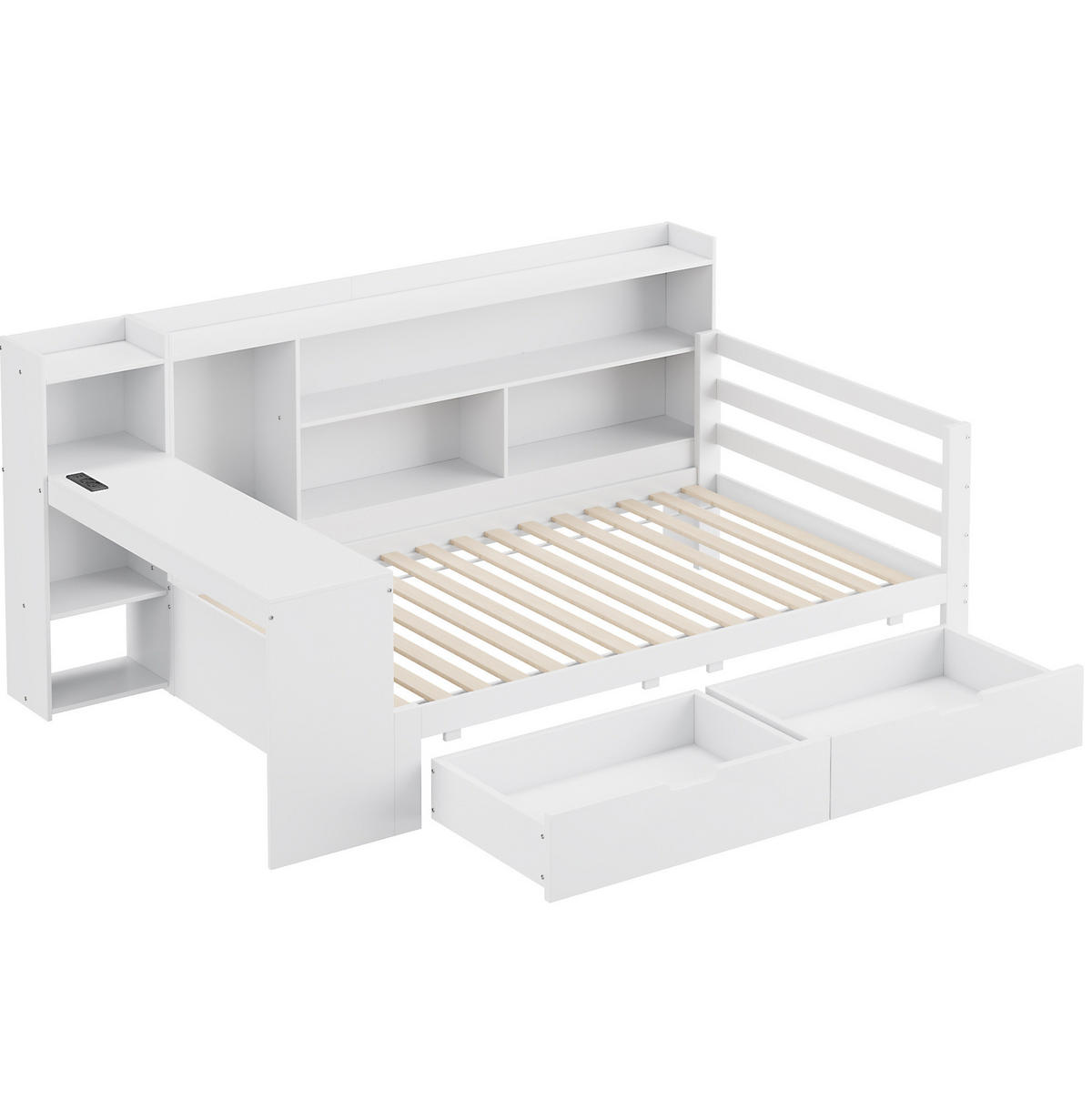 BETT 90/200 cm aus Massivholz mit Schreibtisch, Regalen und 2 Schubladen - Weiß, Holzwerkstoff (90/200cm) - BEAOK