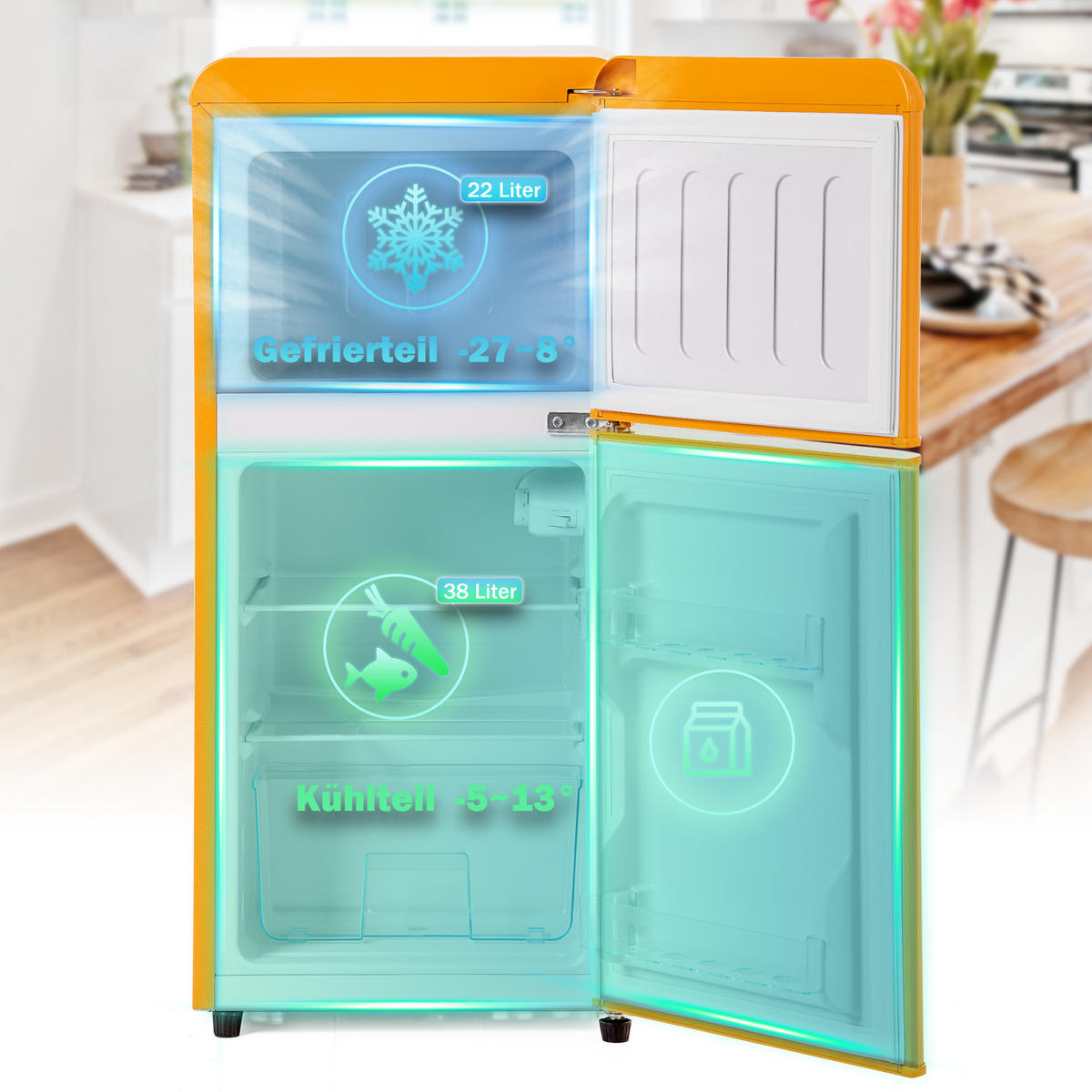 KUHLSCHRANK 45.5/42/88.8 cm Antikgelb 60L mit LED-Licht, Energieklasse E - Gelb, Metall (45.5/88.8/42cm) - Oxeza