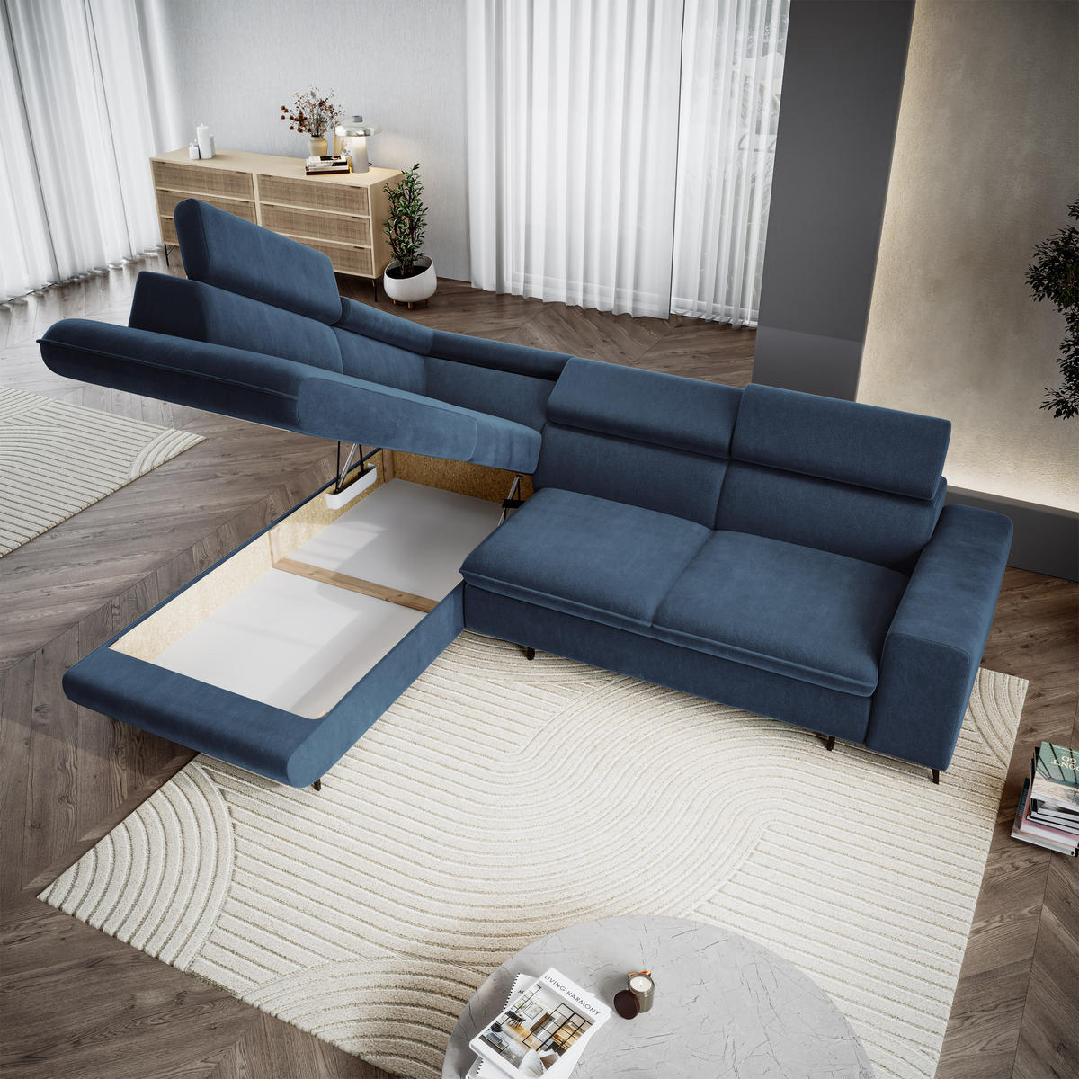 ECKSOFA VELISS Blau Veloursstoff mit Schlaffunktion - Blau, Holz (255/193cm) - MASSENO