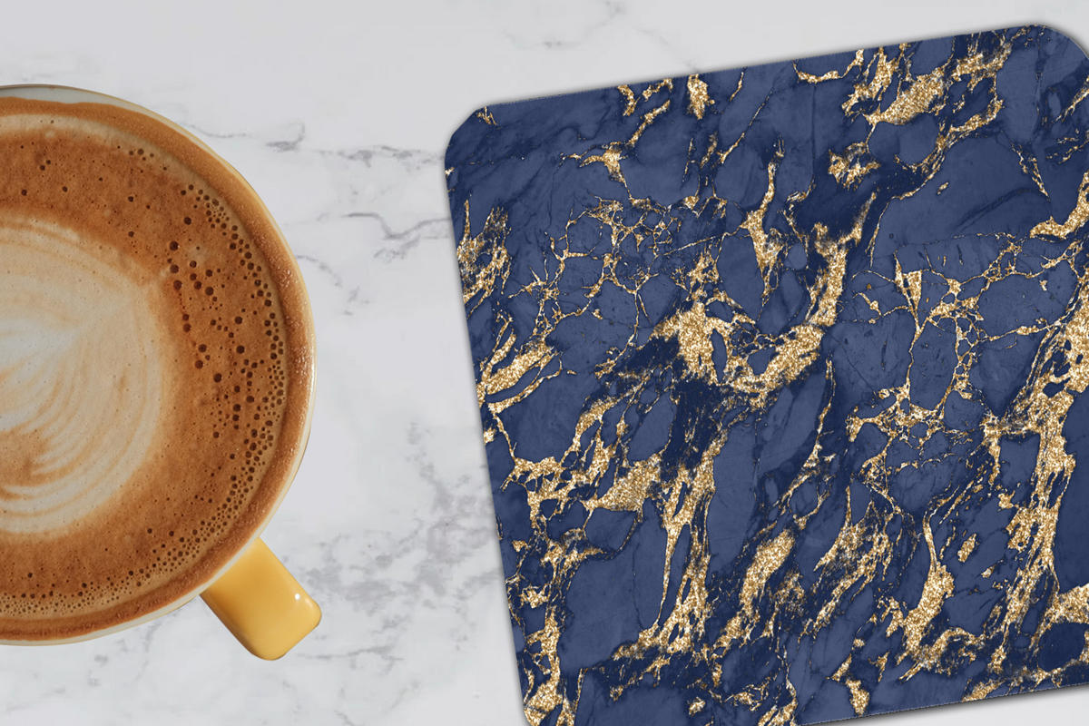 GLASUNTERSETZER 6er-Set Blau - Gold - Muster - Marmor 10x10 cm - Dunkelblau, Naturmaterialien (10/0.2cm) - MuchoWow